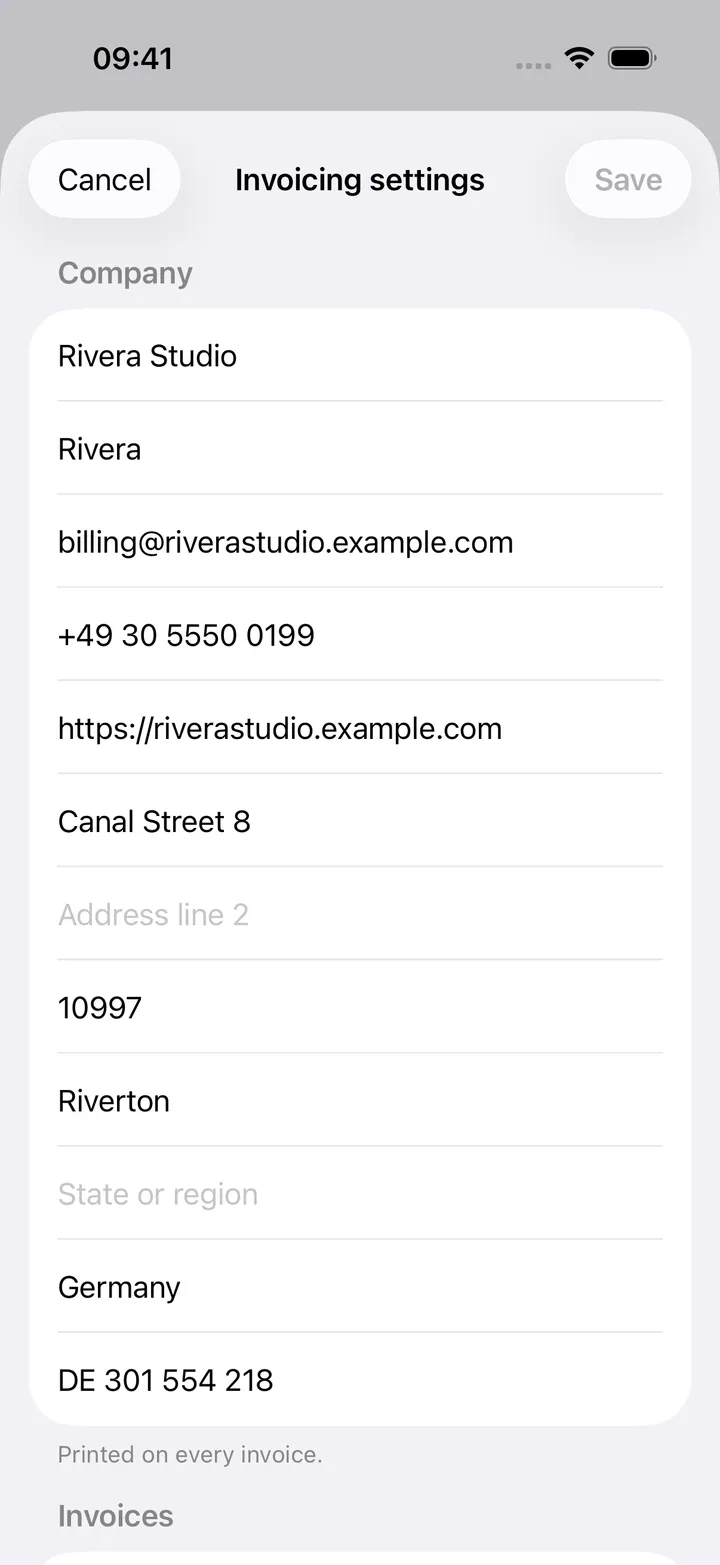 Invoicing settings sheet: the company printed on invoices, with name, short name, email, phone, website, address and tax ID