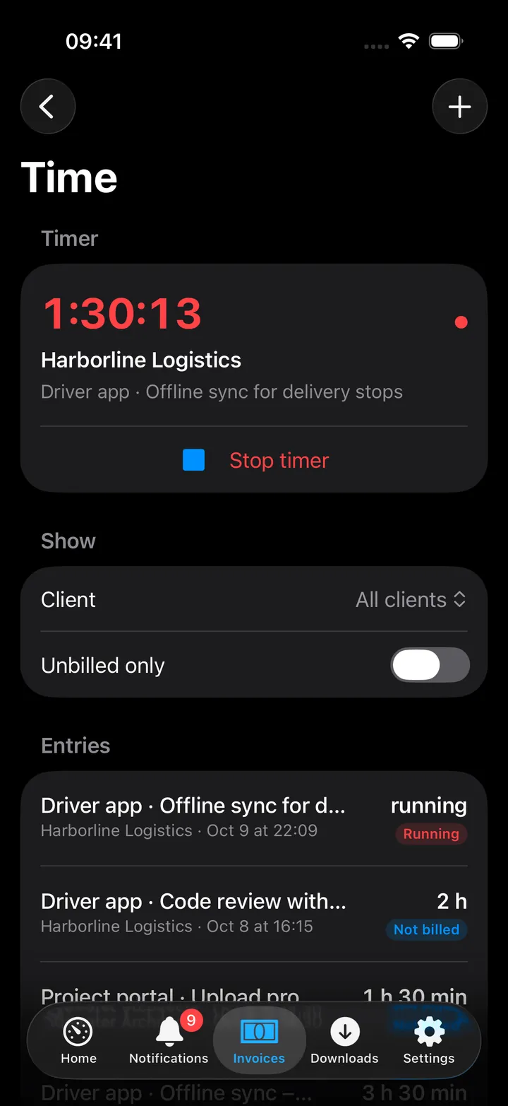 Time screen: the running timer for Harborline Logistics with Stop timer, a client filter and Unbilled only, then the entries with their duration and a Running or Not billed tag
