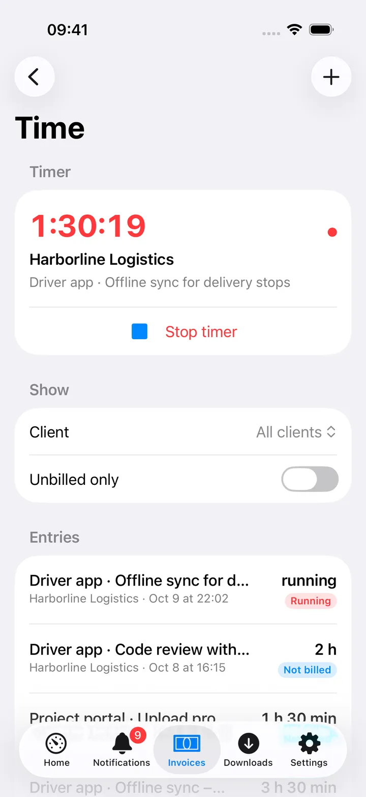 Time screen: the running timer for Harborline Logistics with Stop timer, a client filter and Unbilled only, then the entries with their duration and a Running or Not billed tag