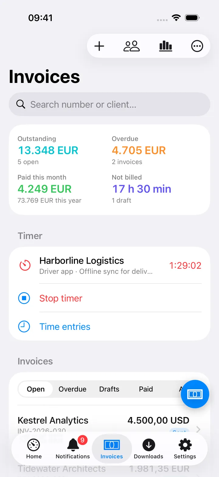Invoices screen: Outstanding, Overdue, Paid this month and Not billed in colour, a running timer for Harborline Logistics with Stop timer and Time entries, and the open invoices under an Open, Overdue, Drafts, Paid, All filter
