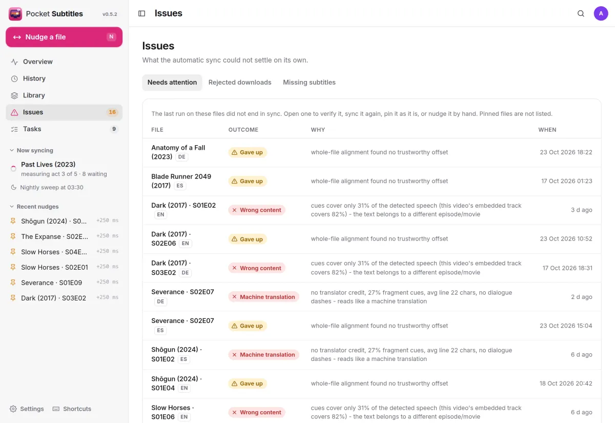 The Issues page: subtitle files marked Wrong content, Machine translation or Gave up, each with the reason and when
