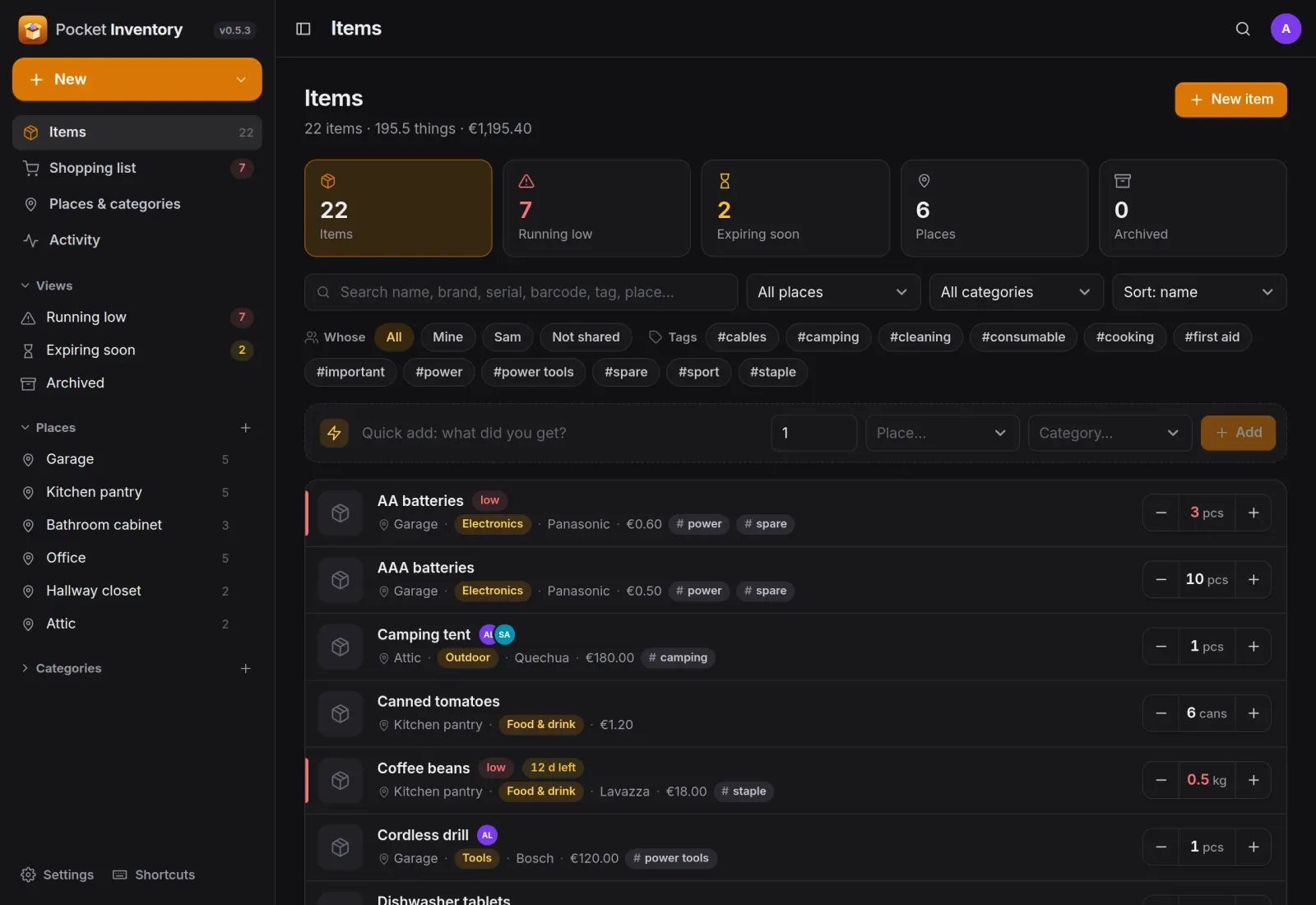 The items list with tiles for running low and expiring soon, filters, the quick-add bar and rows with minus and plus