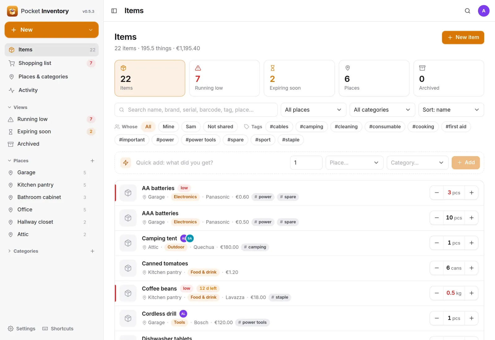 The items list with tiles for running low and expiring soon, filters, the quick-add bar and rows with minus and plus
