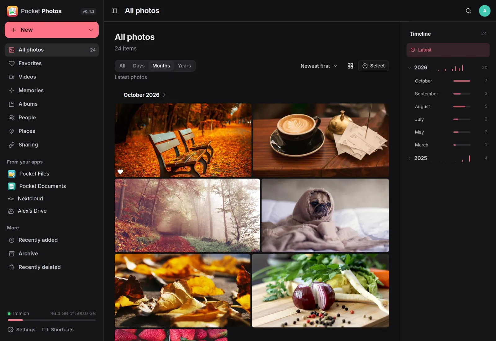 The Pocket Photos library grouped by month, with the year and month timeline beside the grid