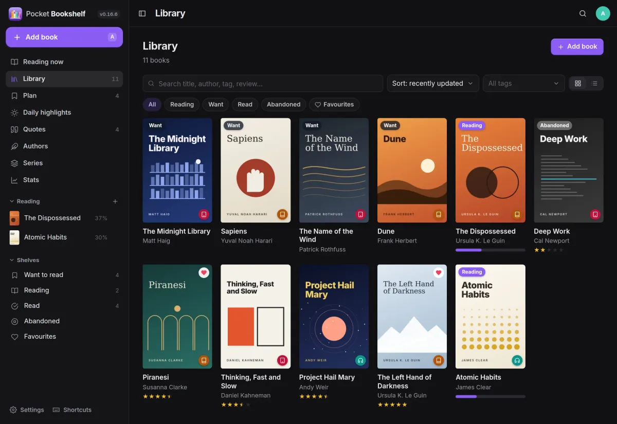 The library as a cover grid with Want, Reading and Abandoned labels, favourites and star ratings