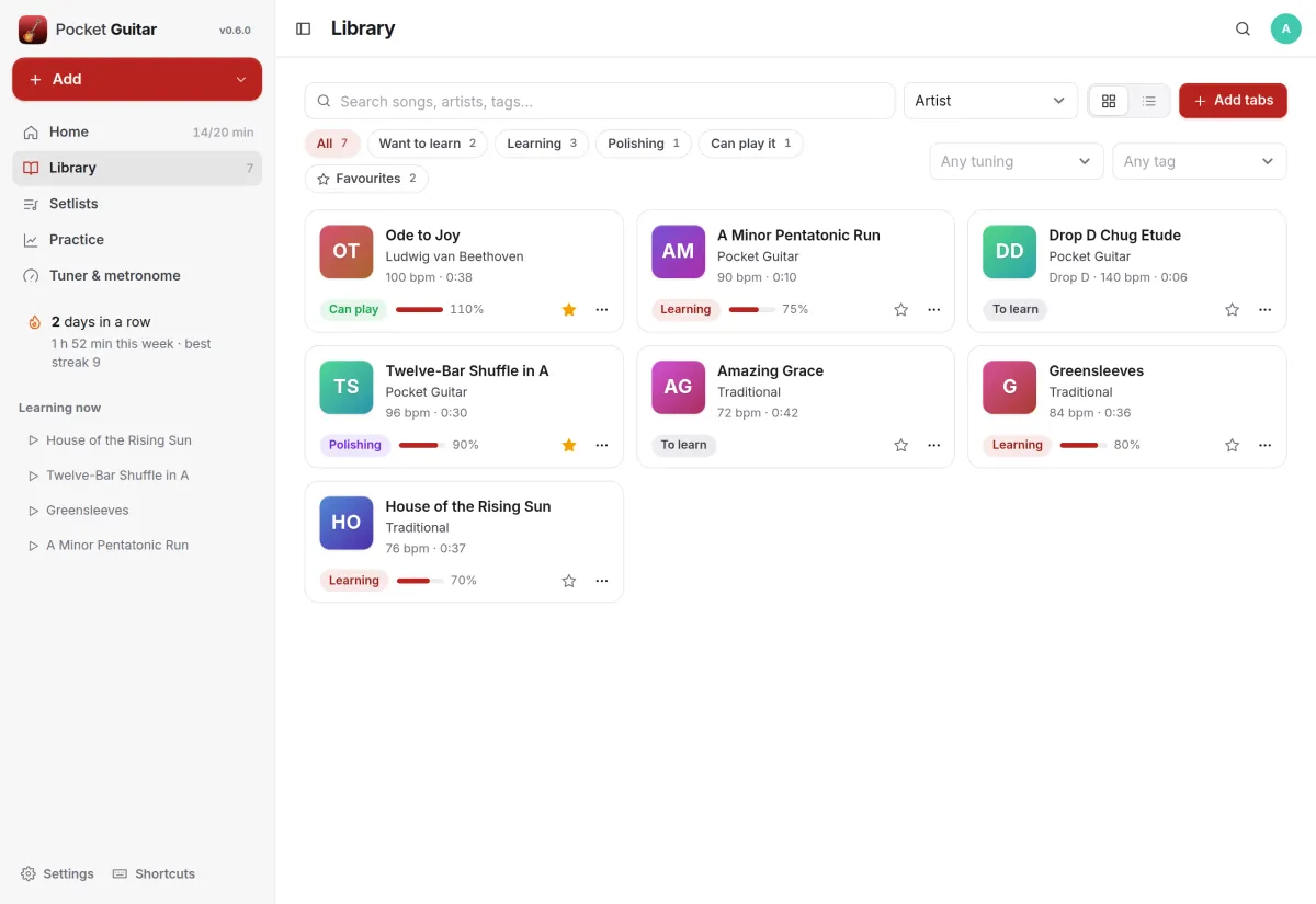 The library: seven songs as cards with their status, tempo, length and best speed