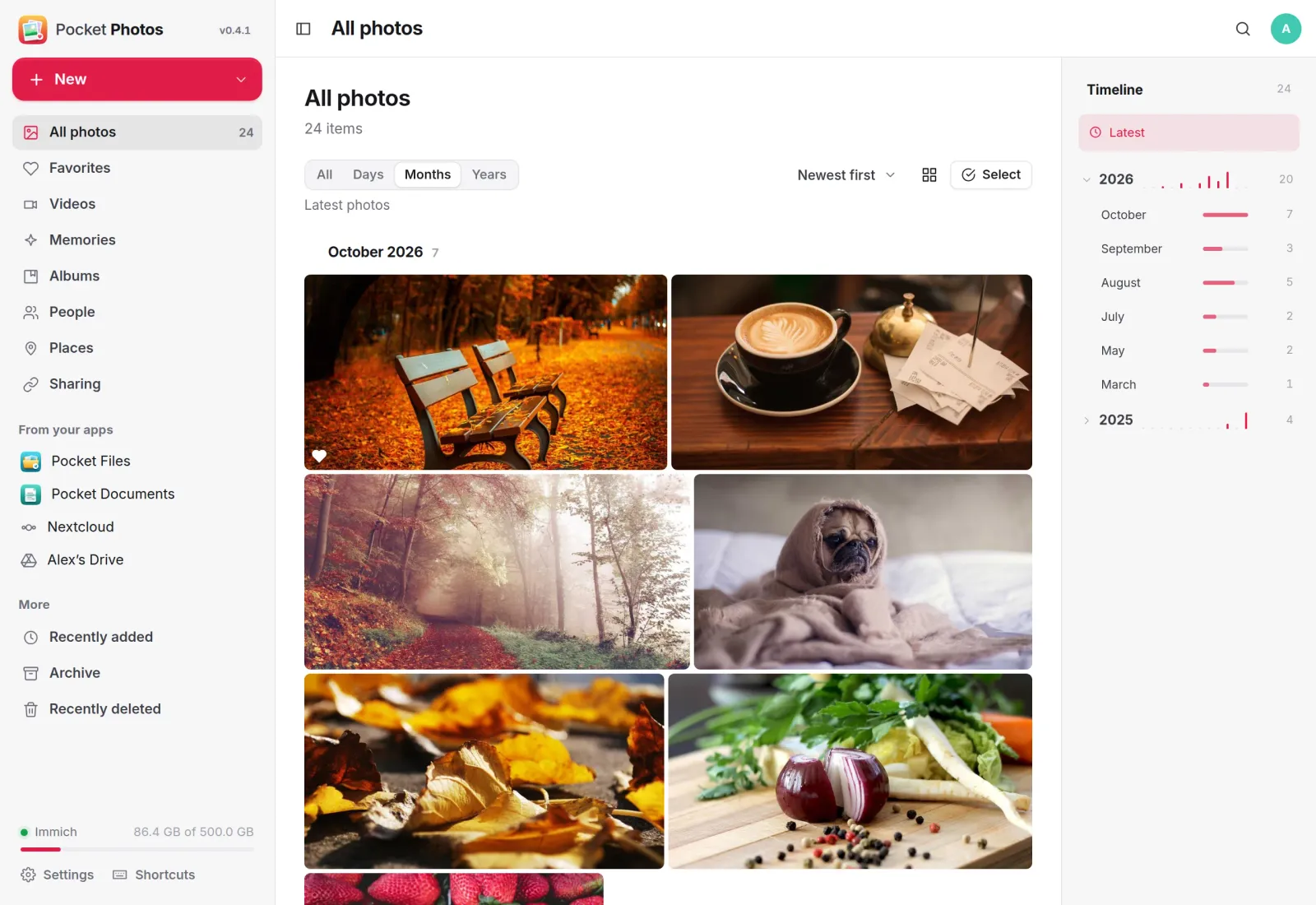 The Pocket Photos library grouped by month, with the year and month timeline beside the grid