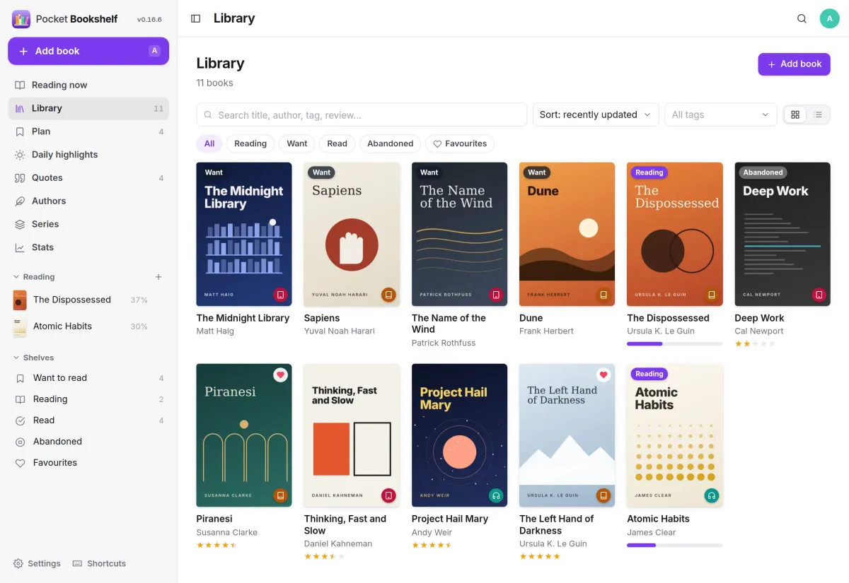 The library as a cover grid with Want, Reading and Abandoned labels, favourites and star ratings