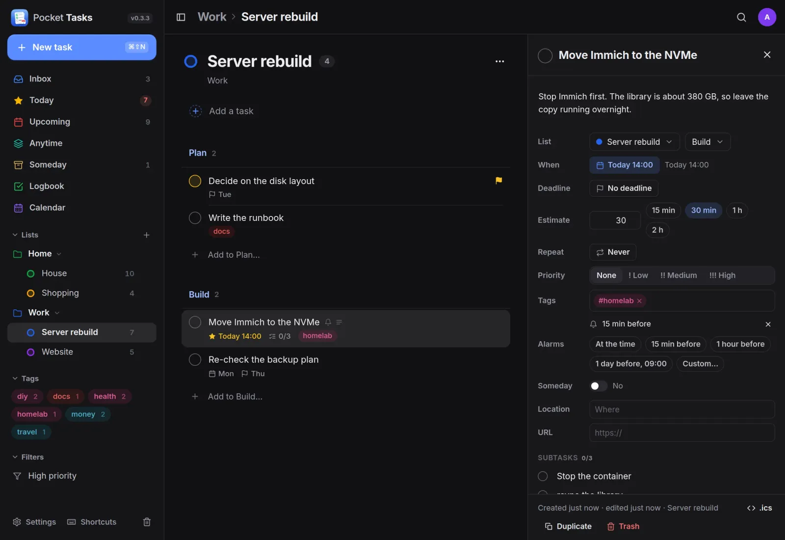 The Server rebuild list with Plan and Build sections, and a task open beside it showing its time, estimate, alarm and subtasks