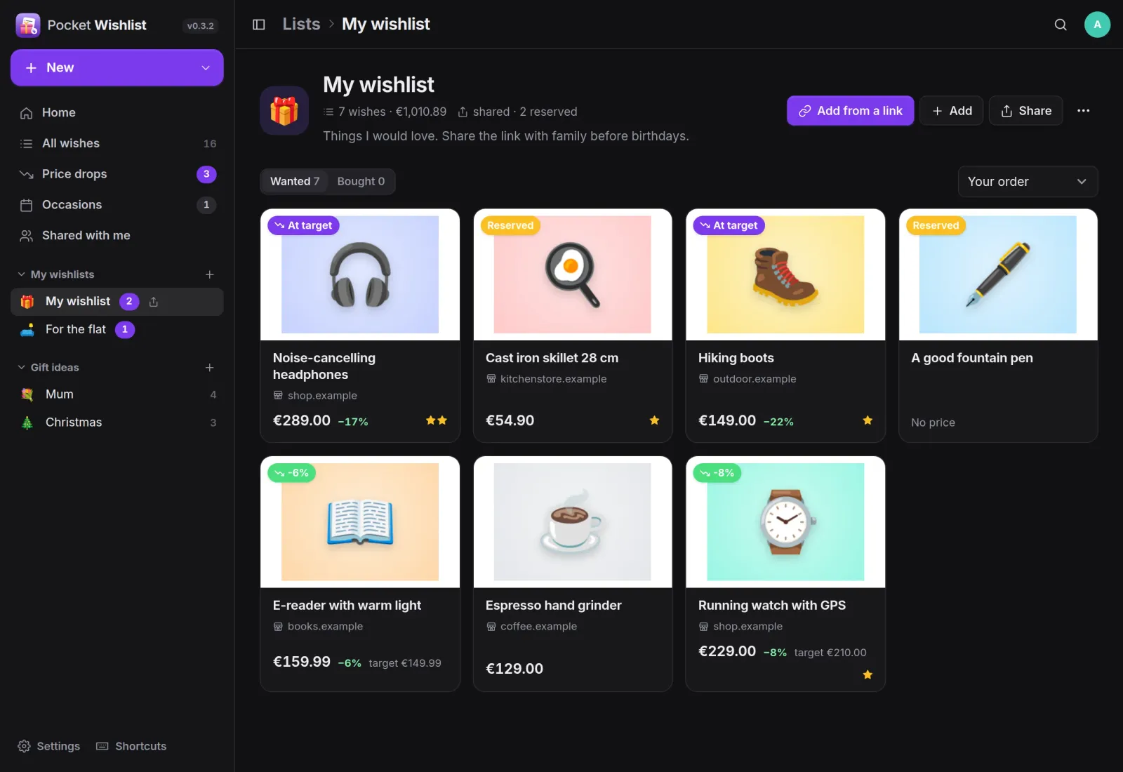 My wishlist in a browser: seven wishes as cards with pictures, prices, price drops, At target and Reserved badges