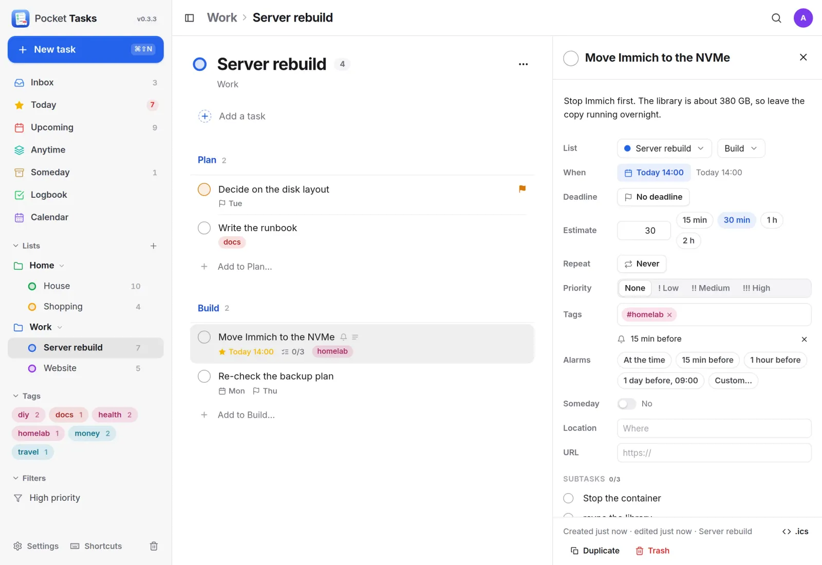 The Server rebuild list with Plan and Build sections, and a task open beside it showing its time, estimate, alarm and subtasks
