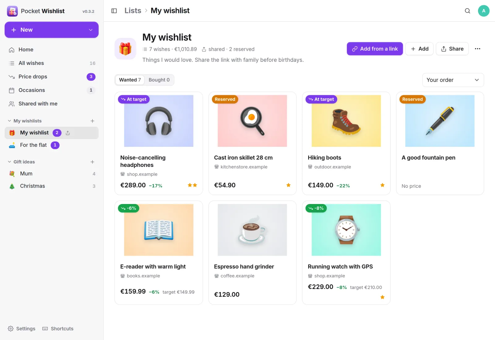 My wishlist in a browser: seven wishes as cards with pictures, prices, price drops, At target and Reserved badges