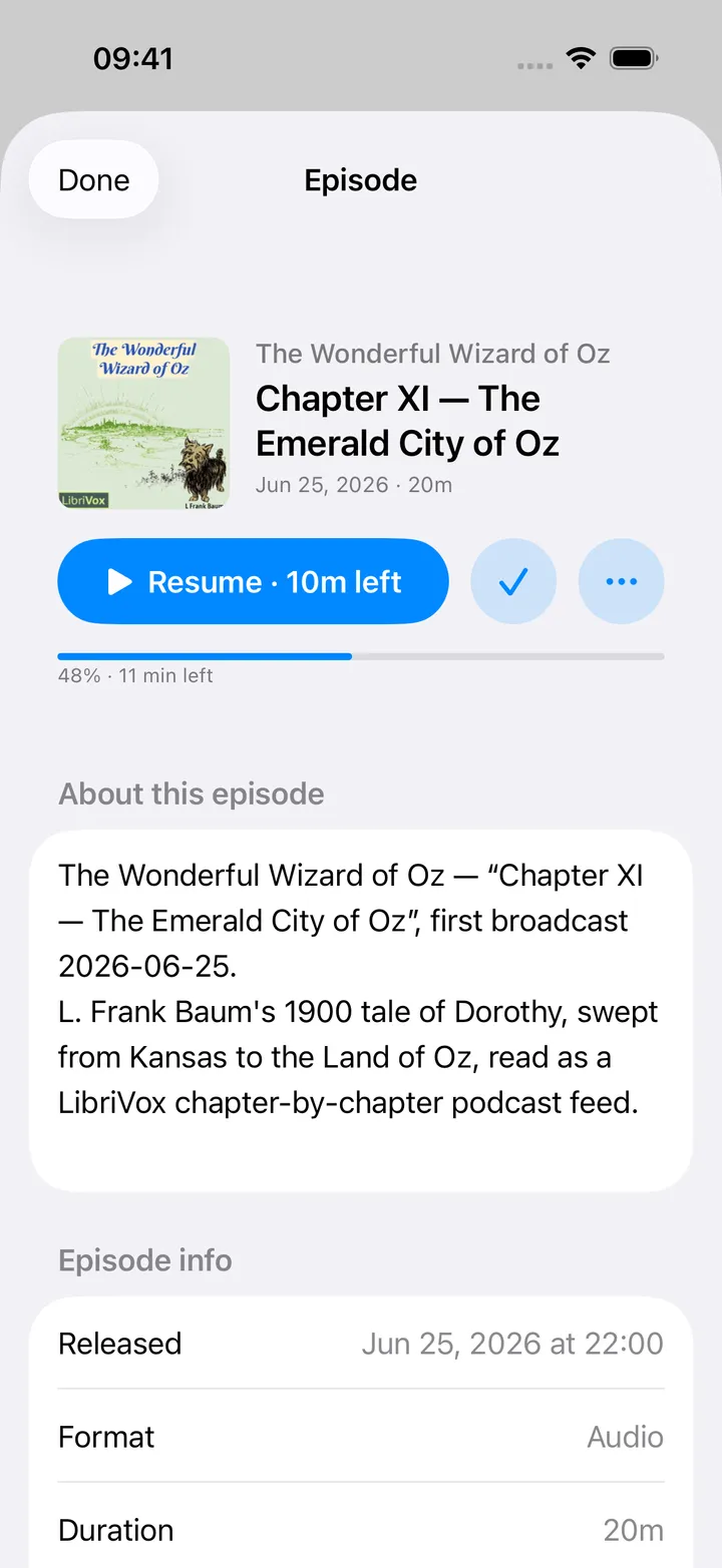 An episode opened from the list