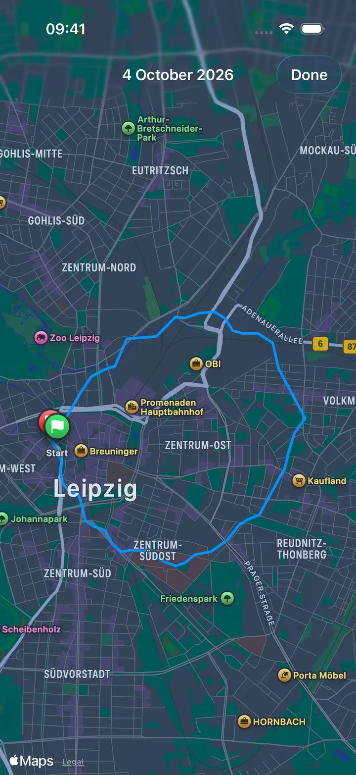 The day's path on a full-screen map