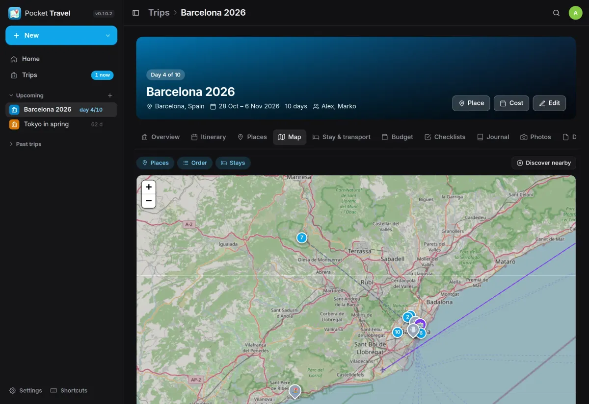 The trip map around Barcelona with numbered places, the apartment and the flight path