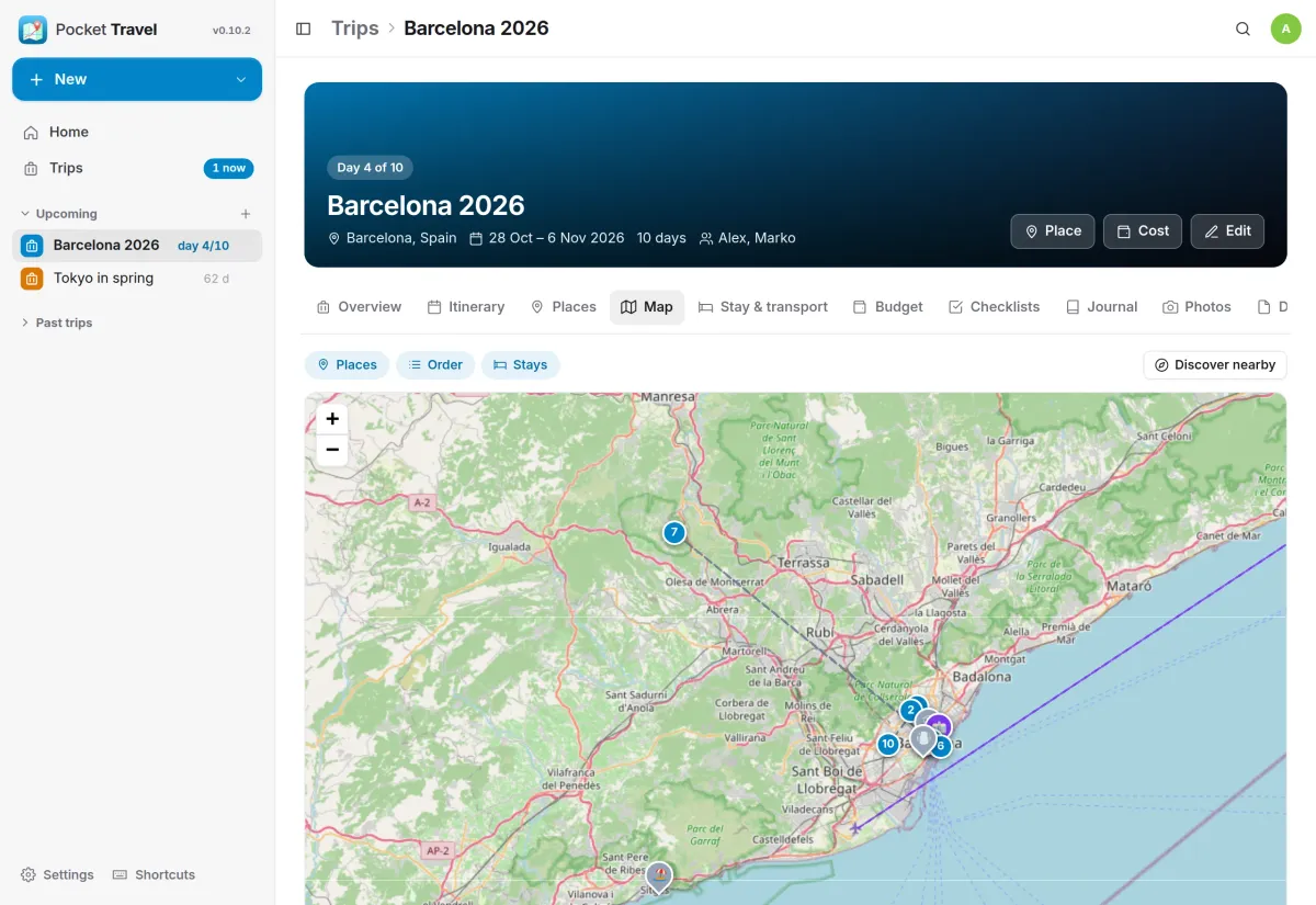 The trip map around Barcelona with numbered places, the apartment and the flight path