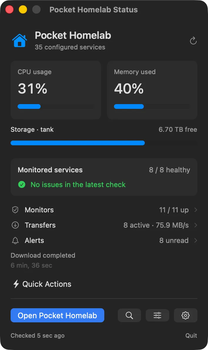 Menu bar status panel with CPU, storage and monitor cards