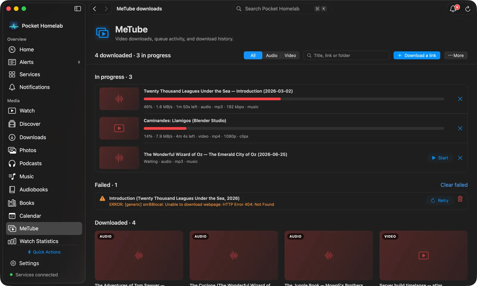 Mac MeTube page with the bar, an In progress card, a Failed card and downloads as thumbnail cards