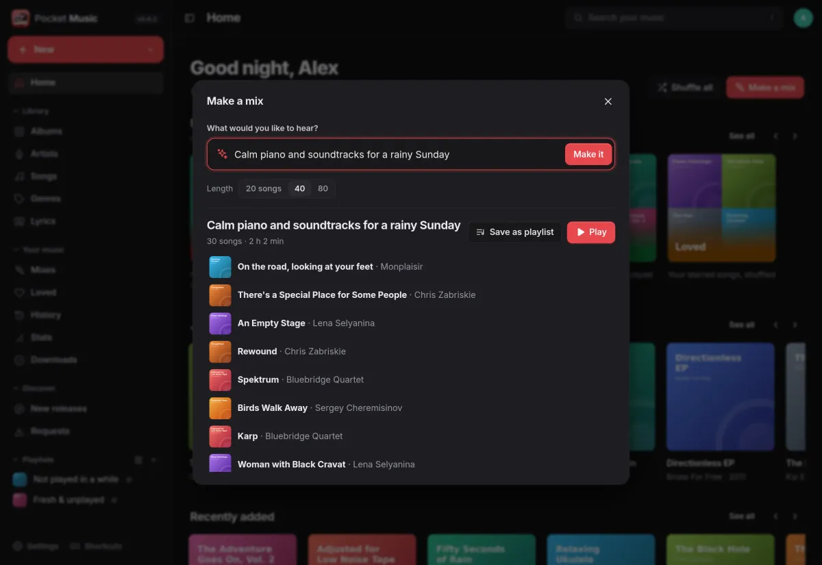 The Make a mix dialog: calm piano and soundtracks for a rainy Sunday, with the songs it picked from the library