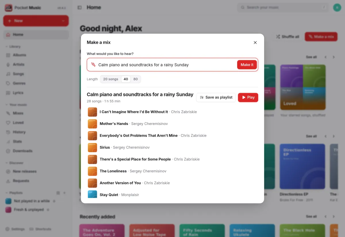 The Make a mix dialog: calm piano and soundtracks for a rainy Sunday, with the songs it picked from the library