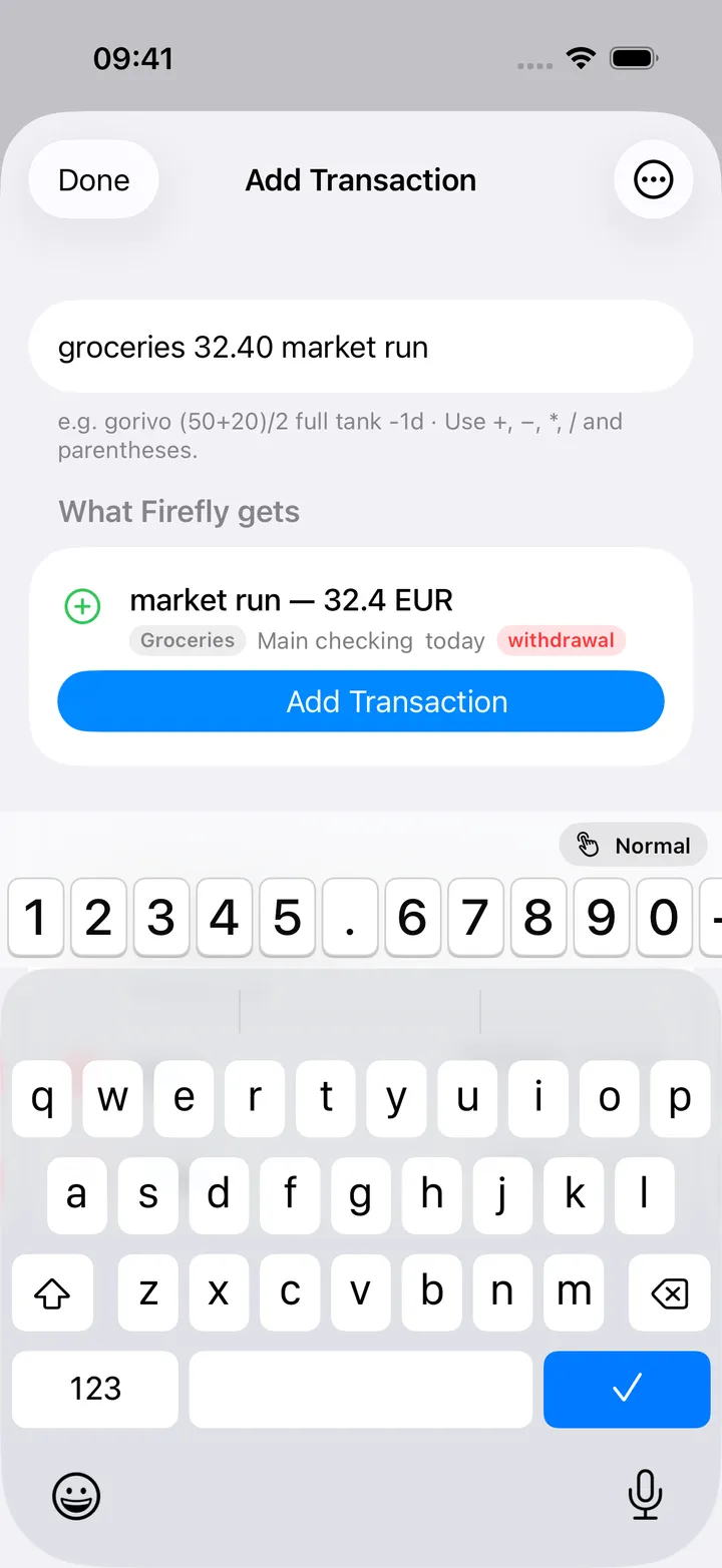 Add Transaction assistant with a parsed template preview