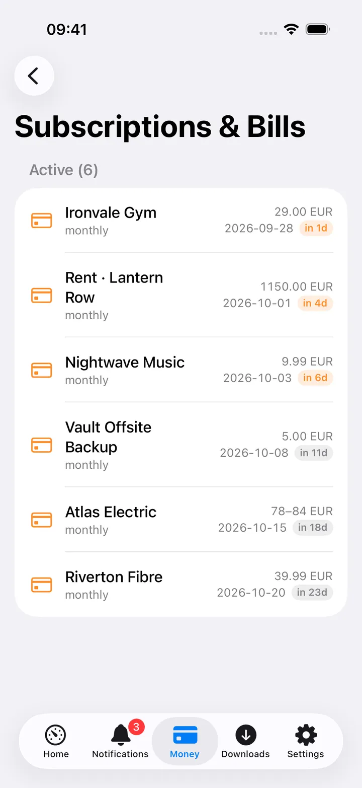Subscriptions and Bills screen with due-date chips