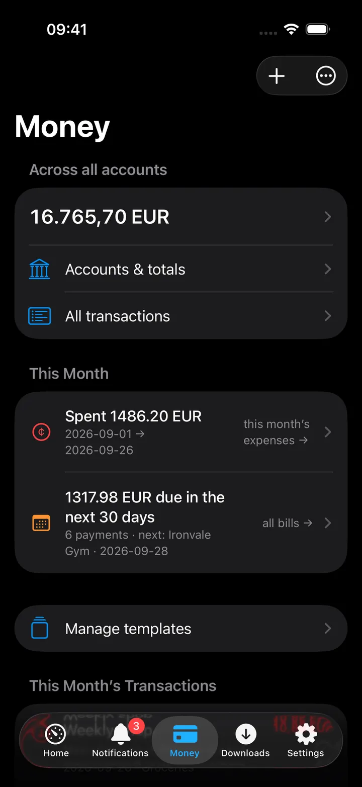 Money screen with monthly spending and upcoming bills