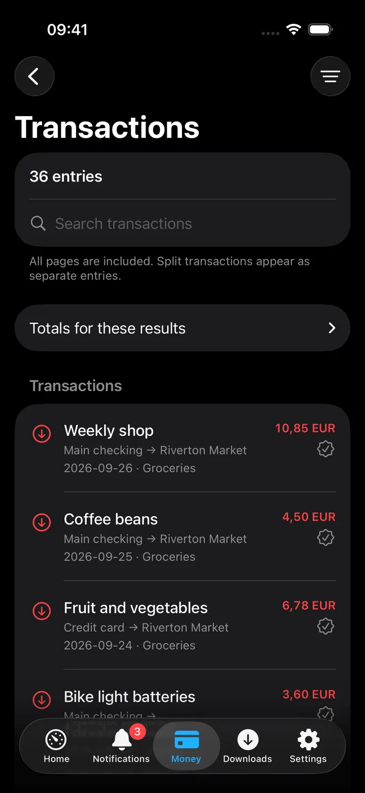 Transaction ledger with totals and a filter button