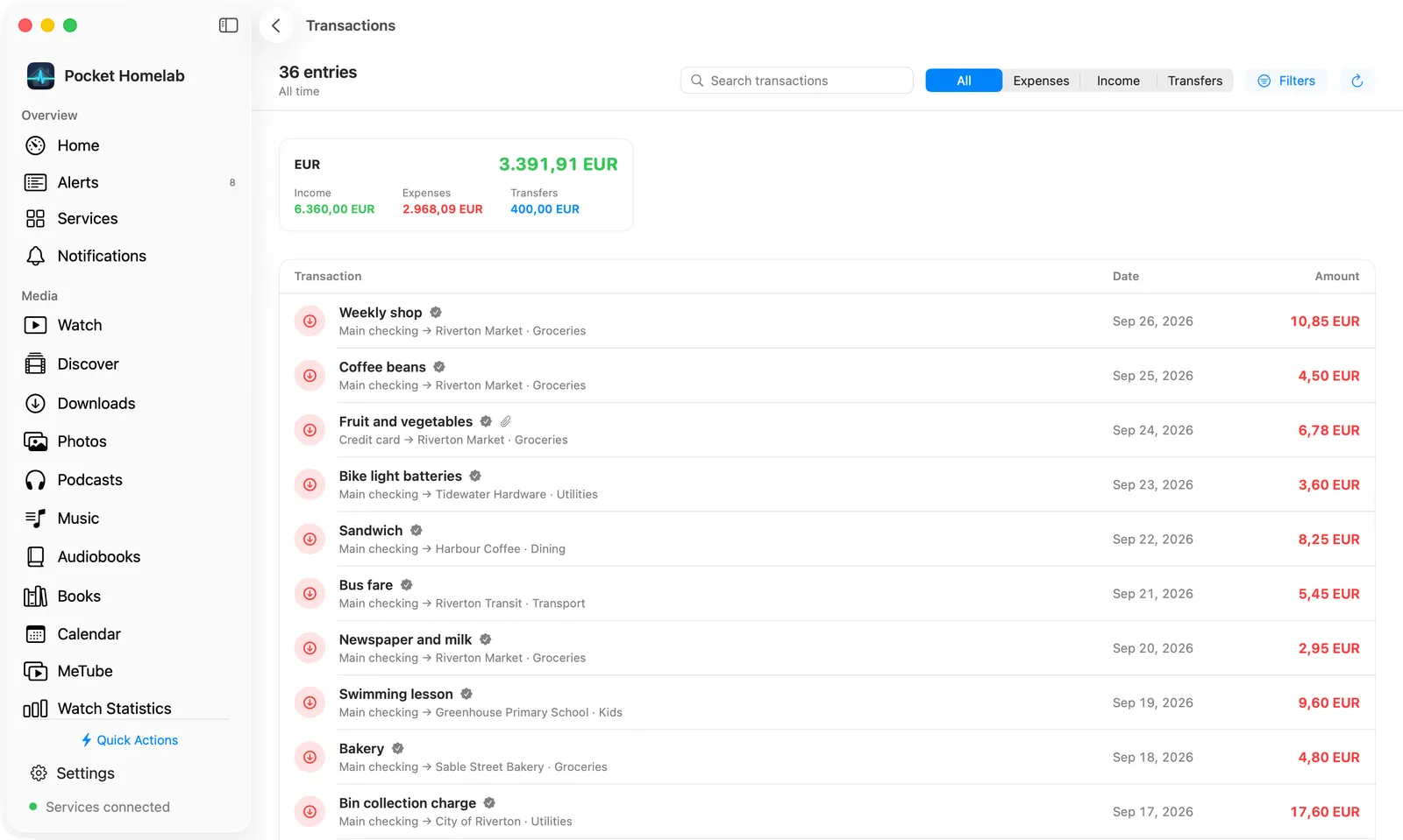 Mac Transactions page with a search field, type filter, currency totals and a transactions table