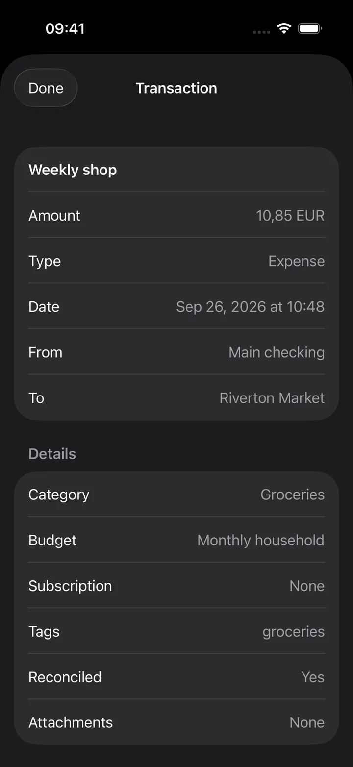 A transaction detail sheet with edit and delete actions