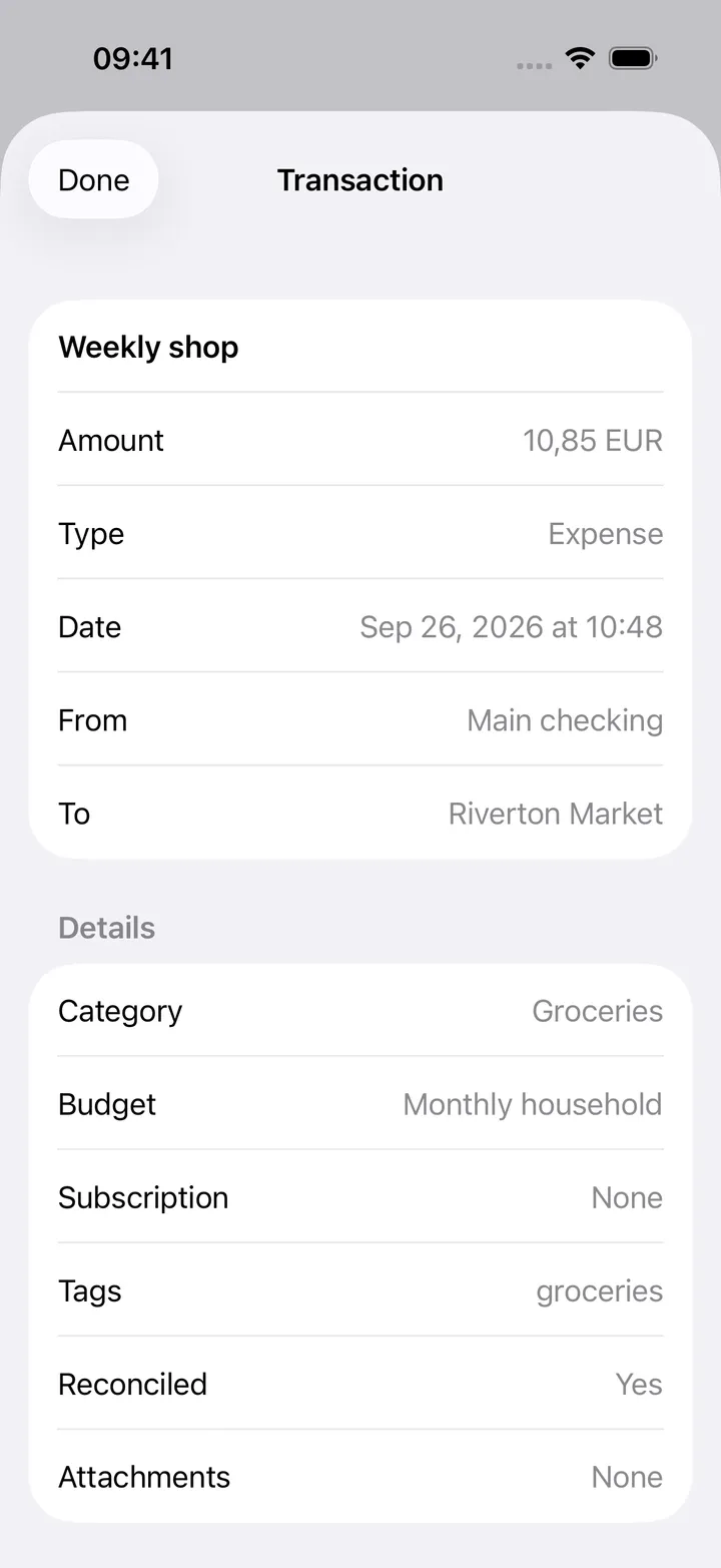 A transaction detail sheet with edit and delete actions