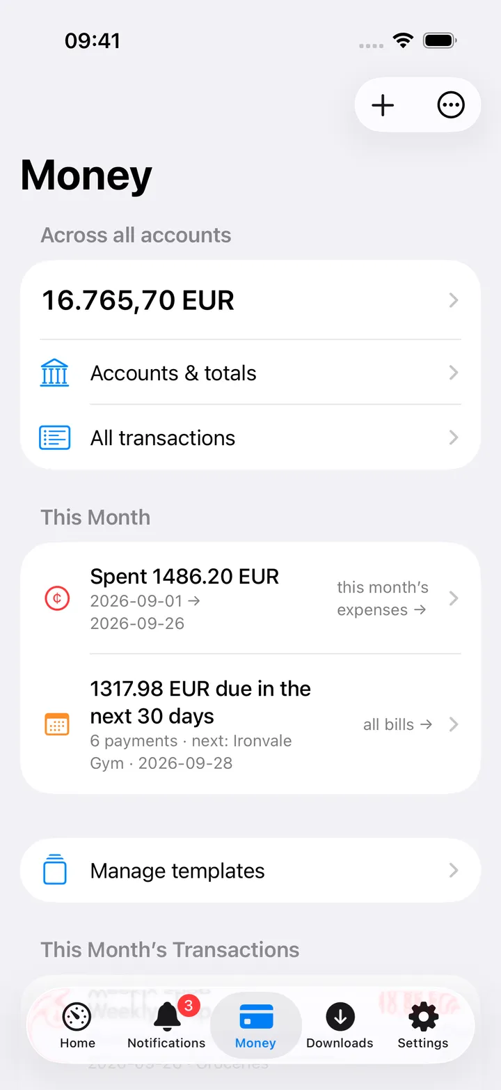 Money screen with monthly spending and upcoming bills