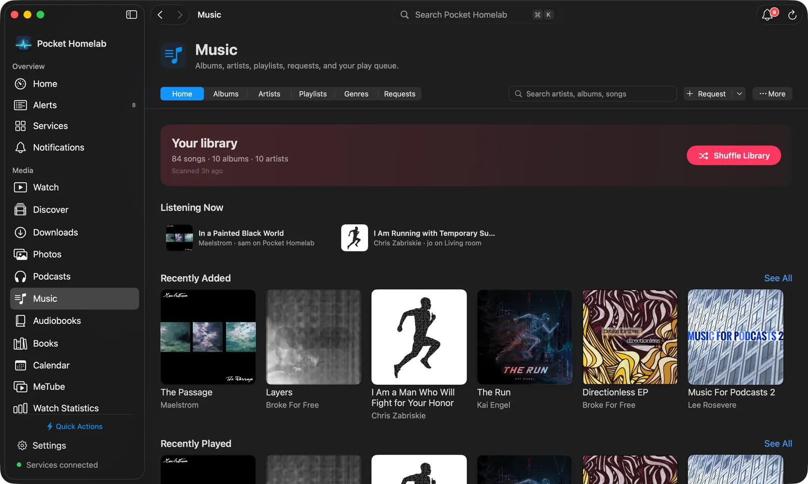 Mac Music workspace with a library hero and album shelves