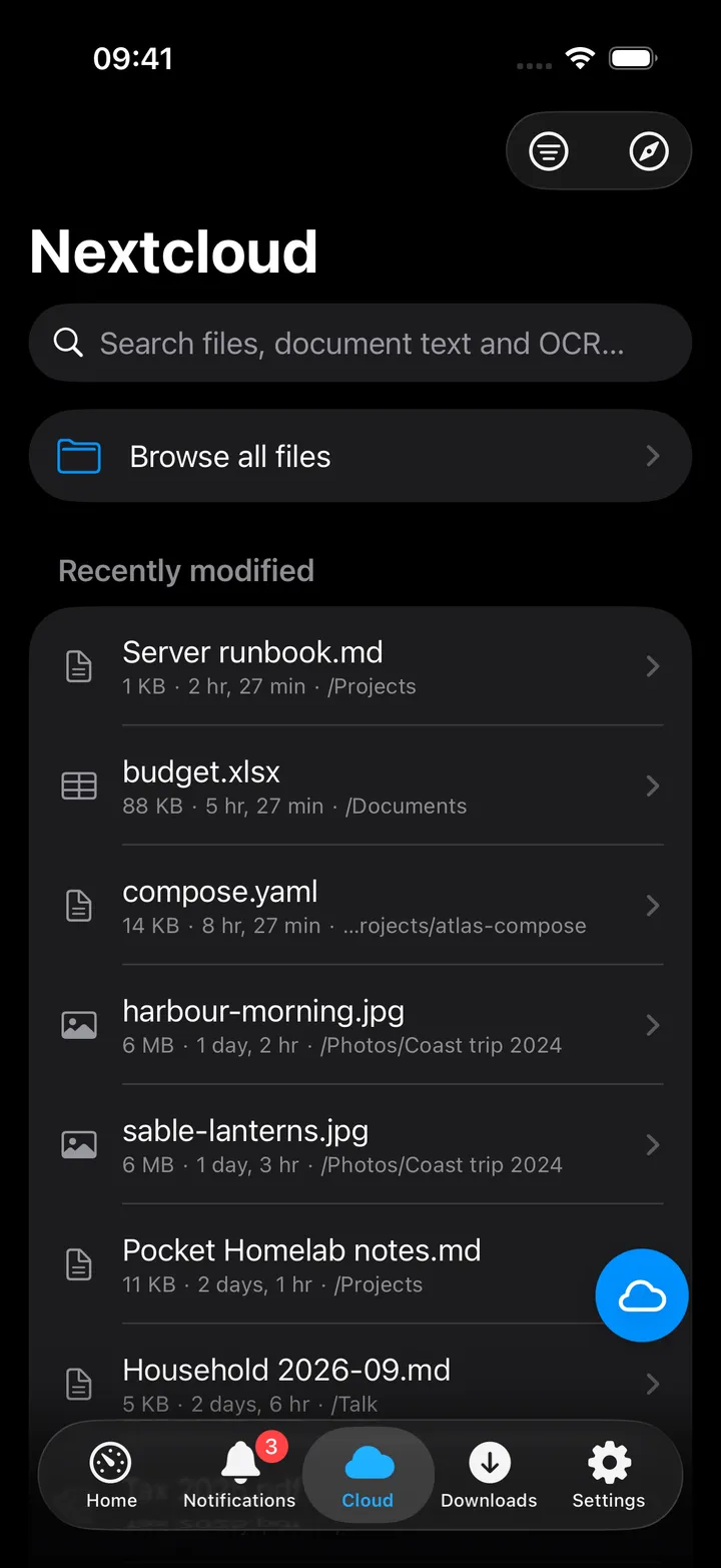Nextcloud file search with recently modified files