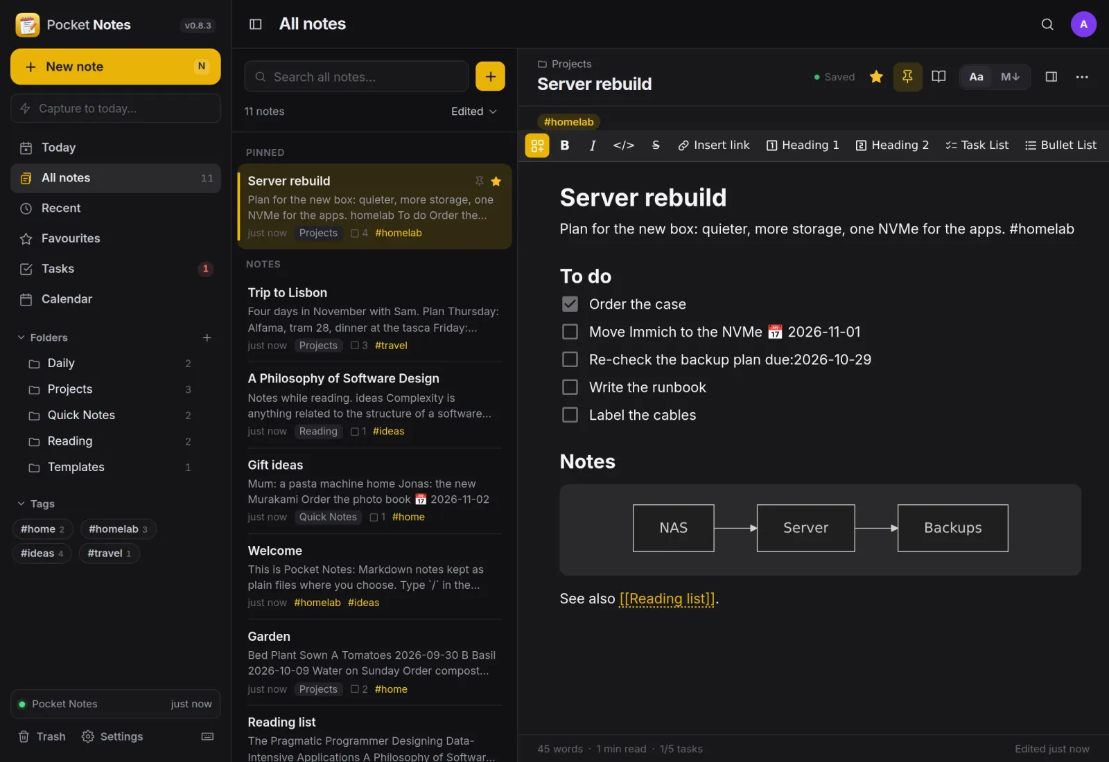Pocket Notes with folders and tags, the note list, and a server plan with a to-do list and a flowchart