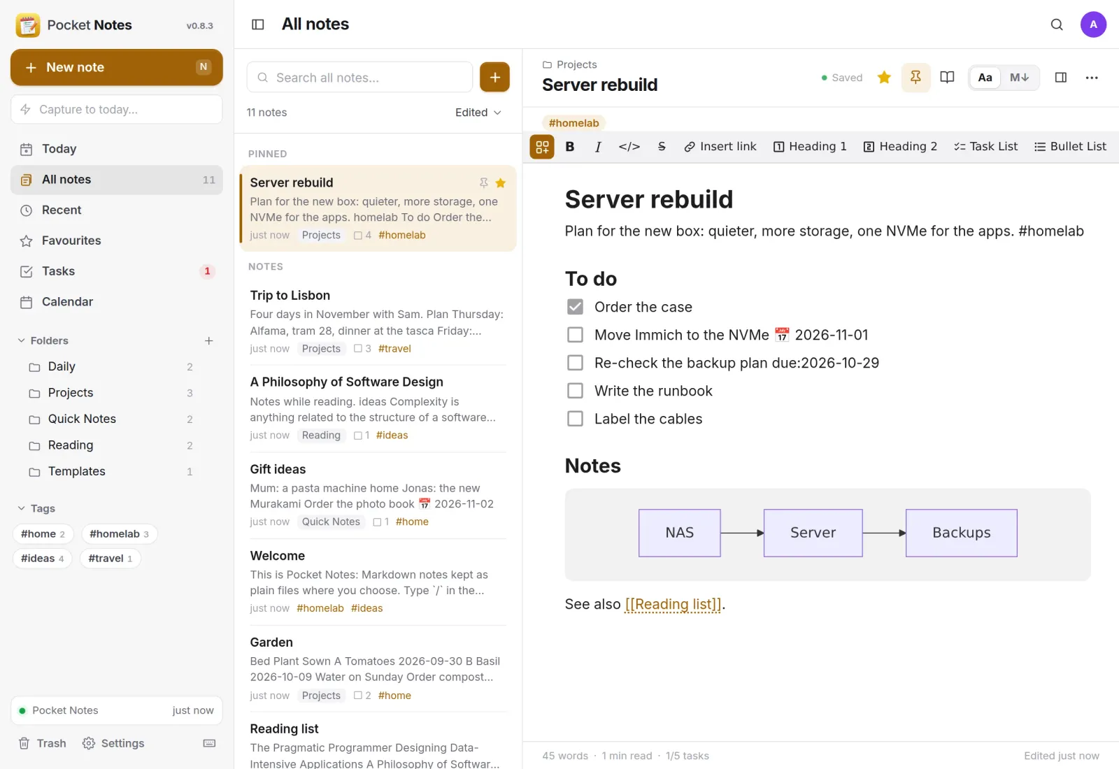 Pocket Notes with folders and tags, the note list, and a server plan with a to-do list and a flowchart