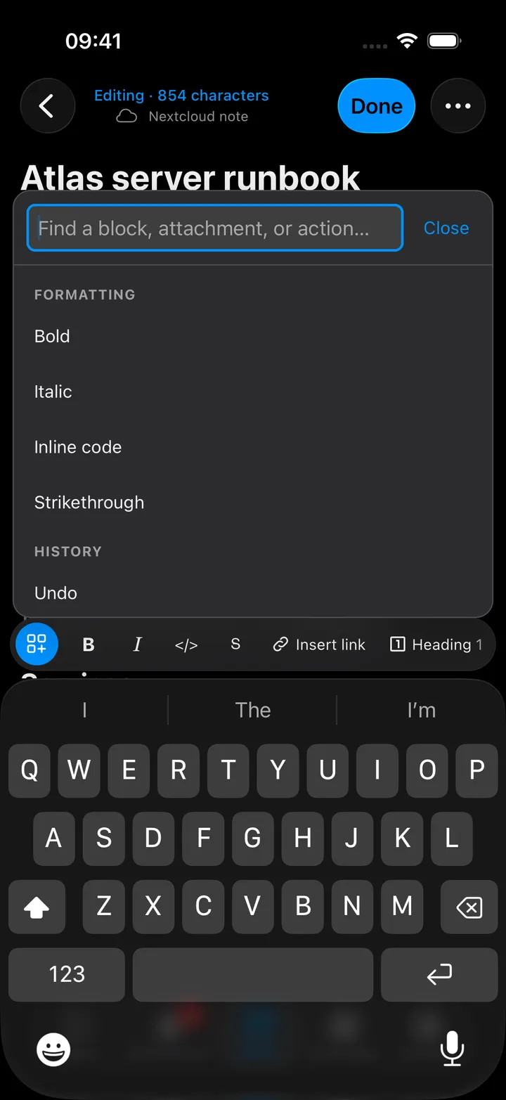 The insert menu with a search field and grouped blocks