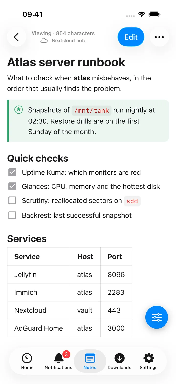 A Nextcloud note open for reading, with a callout, a task list and a table
