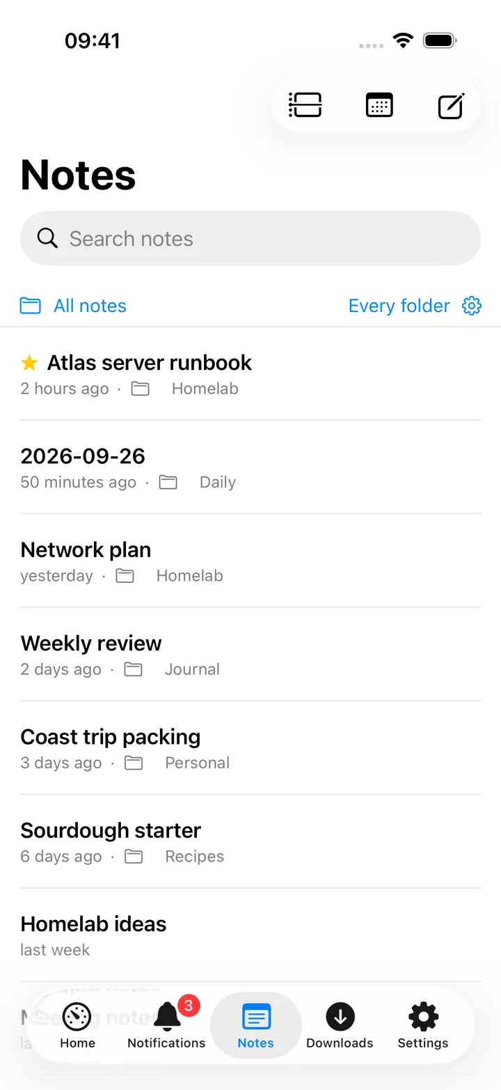 The Notes library listing notes with their folders and ages