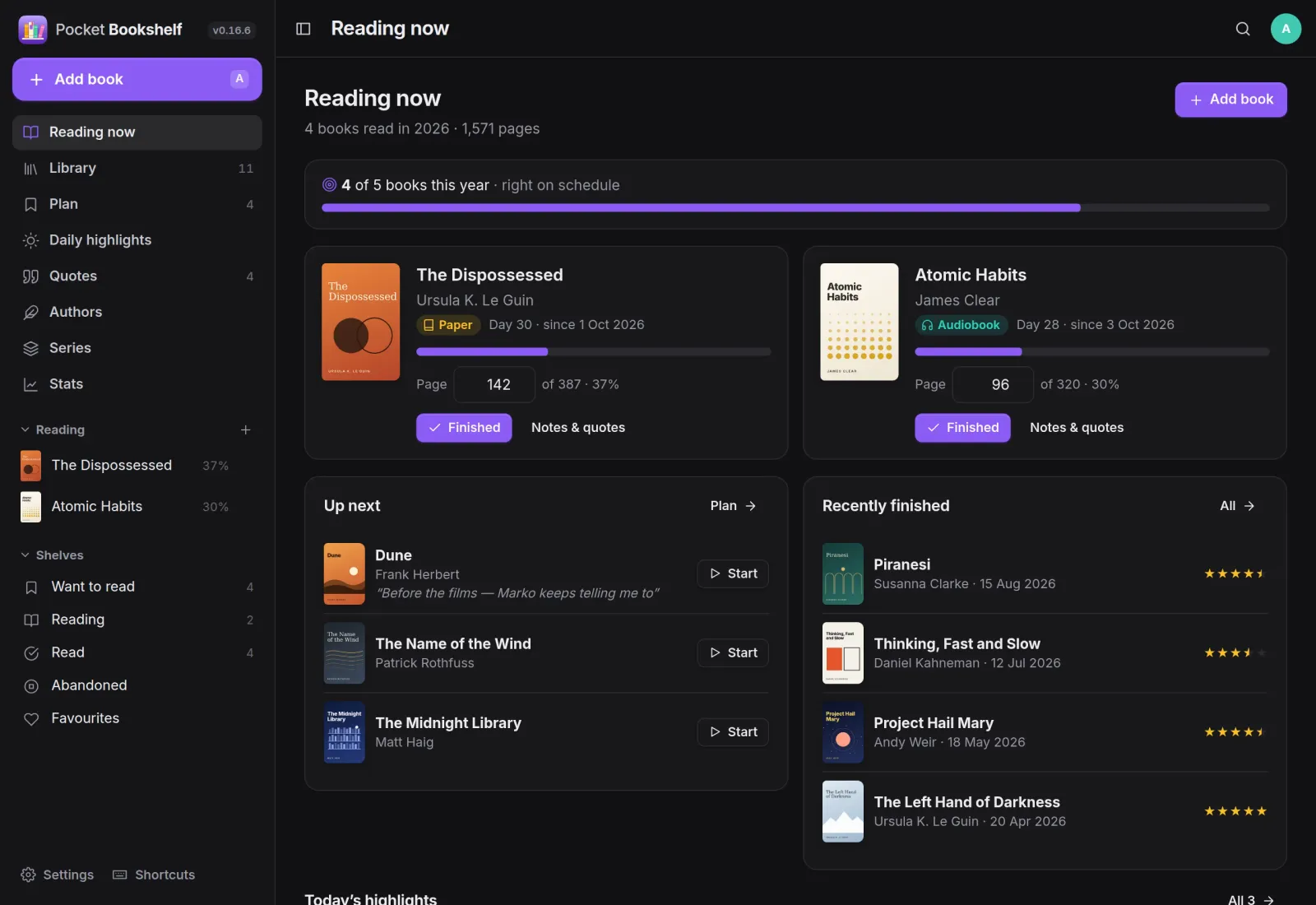 The Reading now page: yearly goal, two books in progress, an up-next queue and recently finished books with star ratings