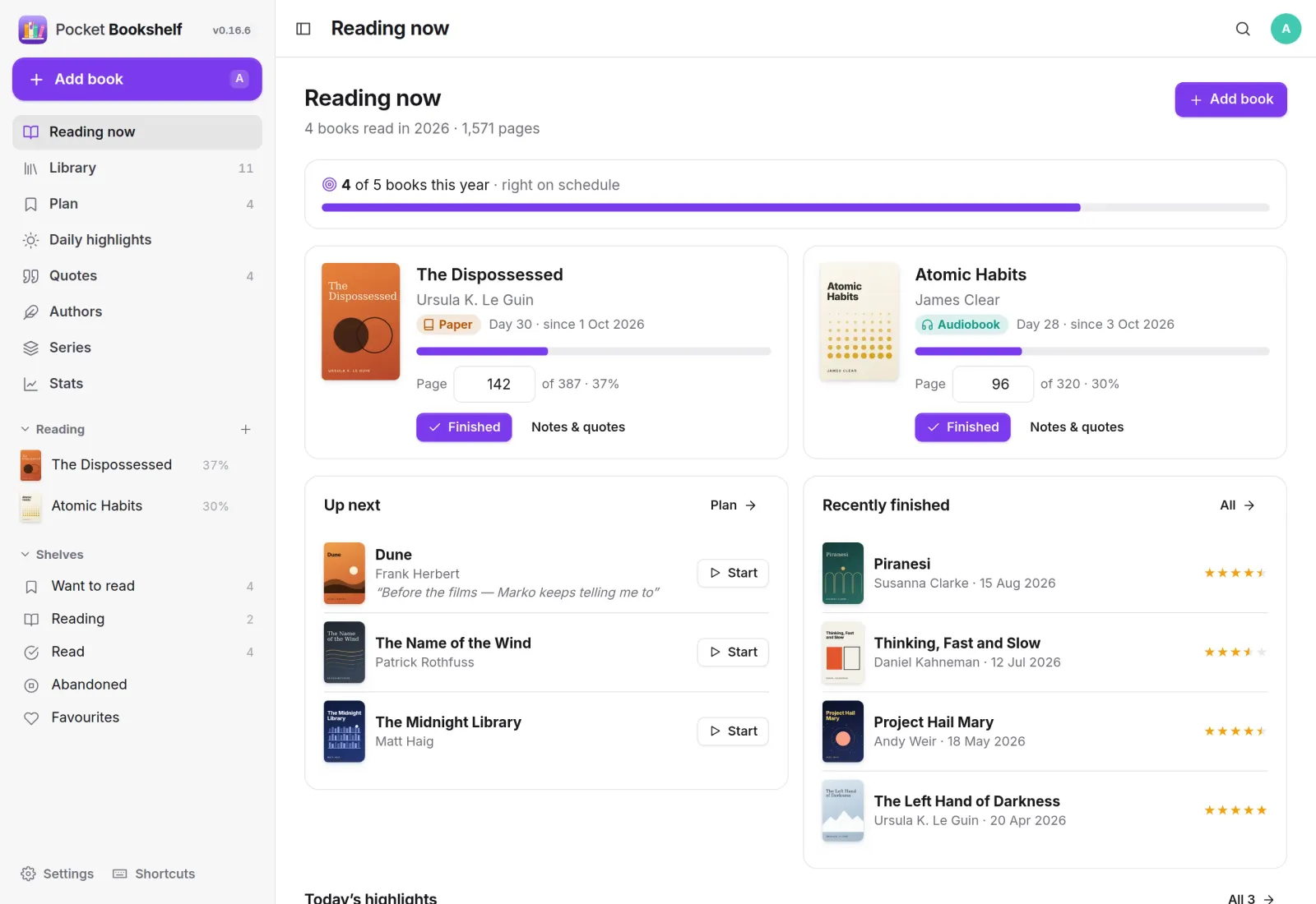 The Reading now page: yearly goal, two books in progress, an up-next queue and recently finished books with star ratings