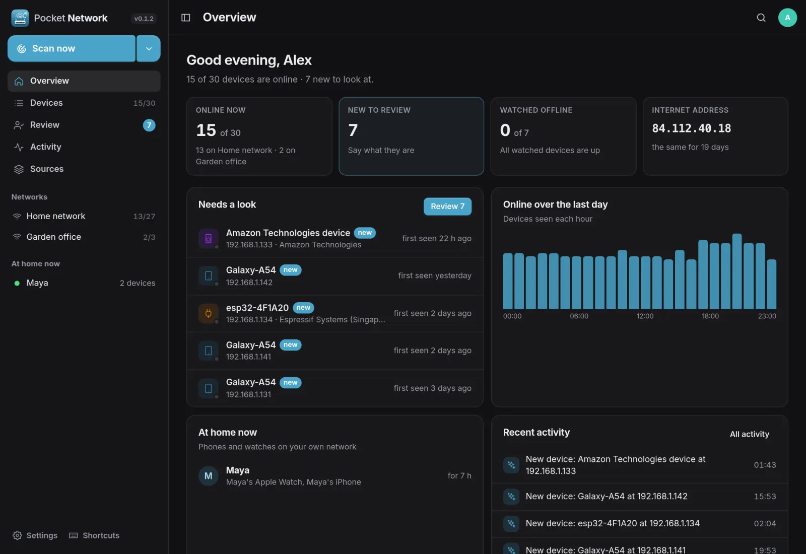 The overview: 15 of 30 devices online, new devices that need a look, devices online per hour over the last day and recent activity