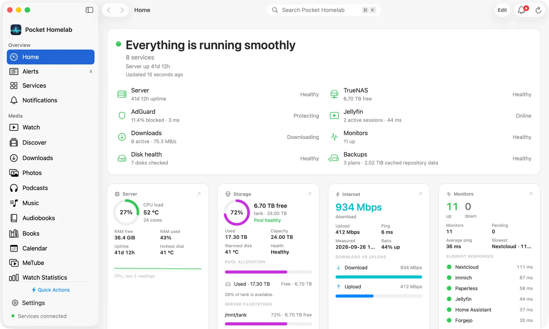Pocket Homelab for Mac: the grouped sidebar beside the Home workspace