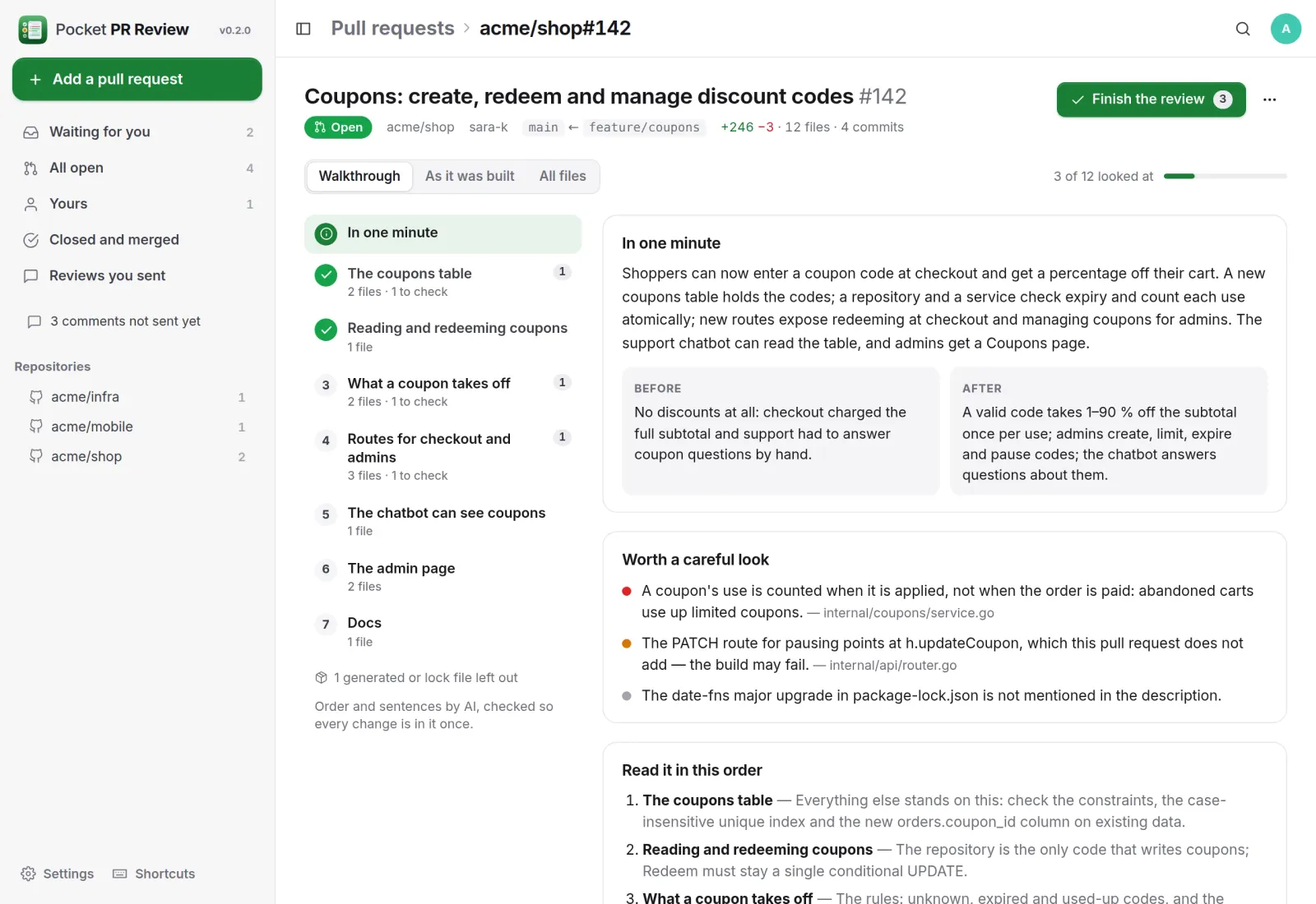 A coupons pull request in a made-up shop: seven steps in reading order, a one-minute summary and three risks