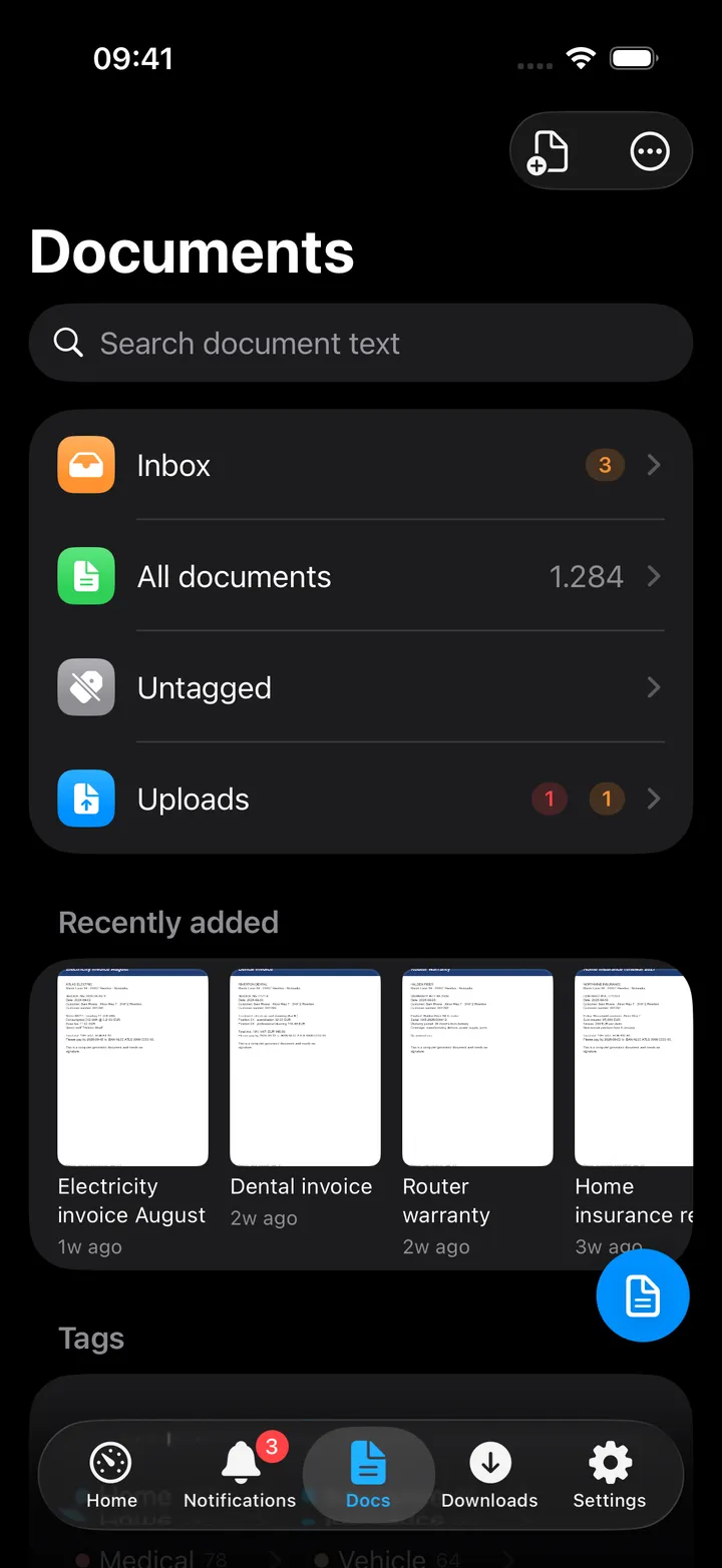 Documents hub with Inbox, All documents and tag chips