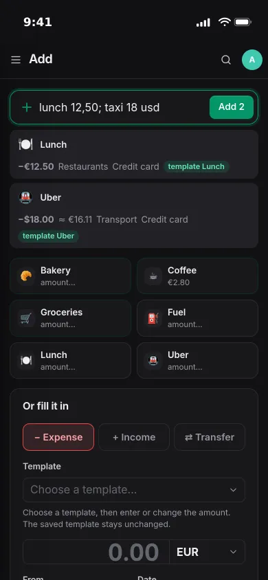 Quick entry on an iPhone: two typed expenses previewed as Lunch in euros and a taxi in dollars