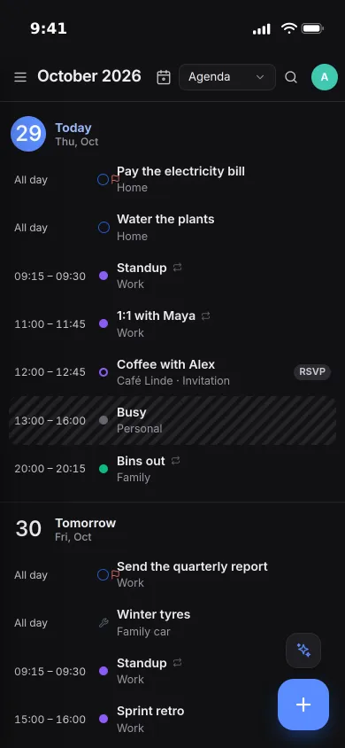 The agenda on an iPhone: today's tasks, a standup, a one-to-one, a coffee invitation waiting for an answer and the bins