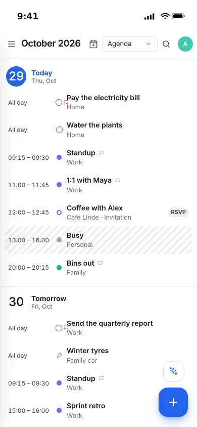 The agenda on an iPhone: today's tasks, a standup, a one-to-one, a coffee invitation waiting for an answer and the bins