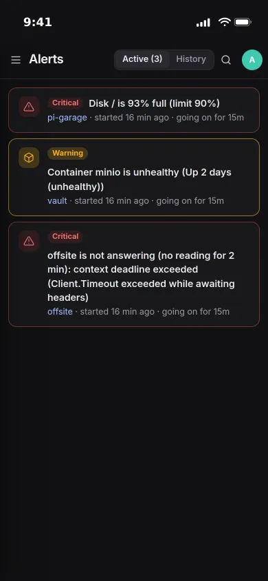Active alerts on an iPhone: a disk at 93 %, an unhealthy container and a server that stopped answering