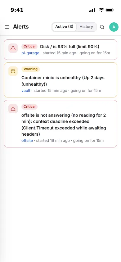 Active alerts on an iPhone: a disk at 93 %, an unhealthy container and a server that stopped answering